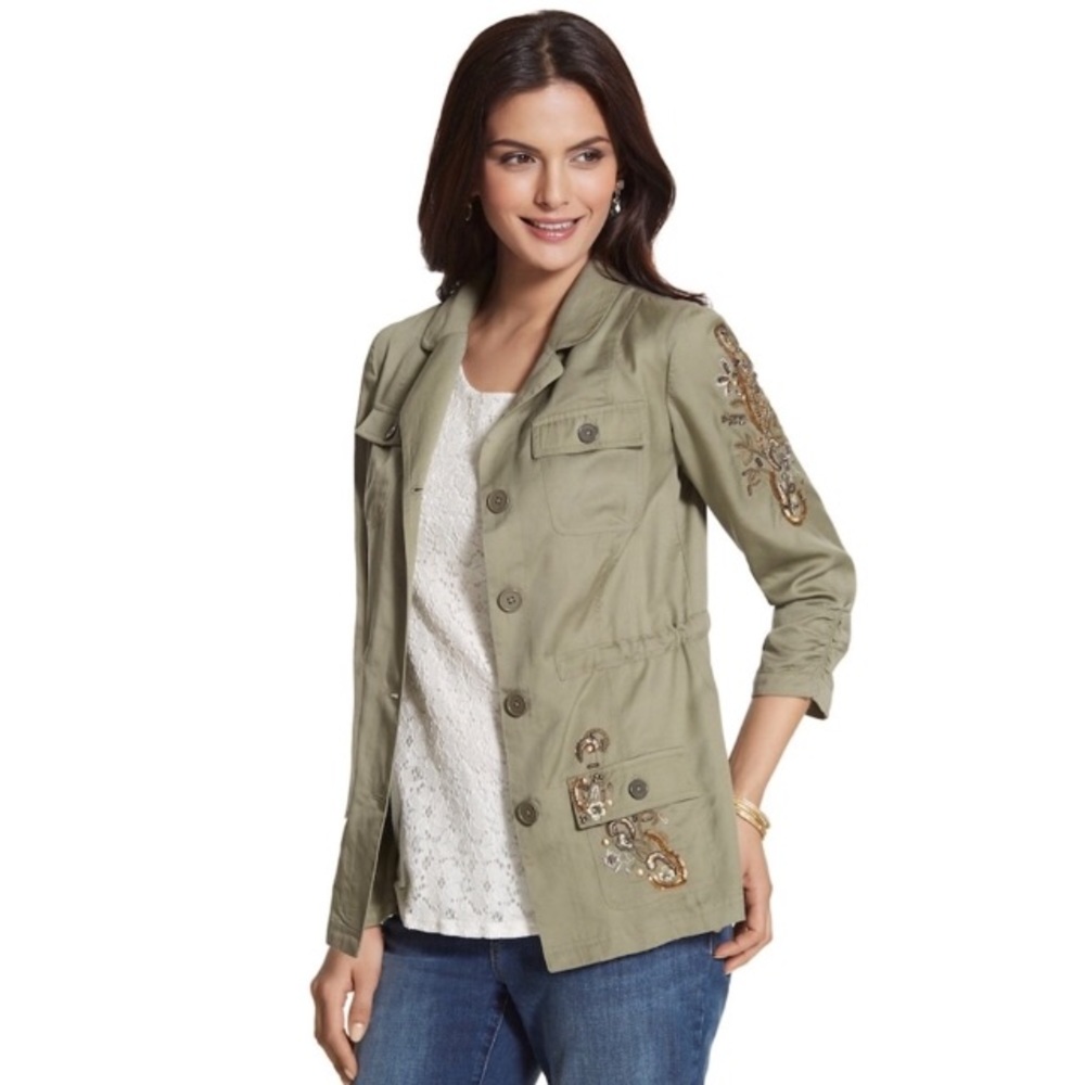 CHICOS Army Green Beaded Embroidered Jkt /‎ SZ S